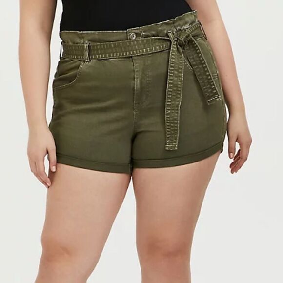 Torrid Self Tie Paperbag Waist Shorts Twill Olive Green Women’s Plus Size 26 - Picture 15 of 16